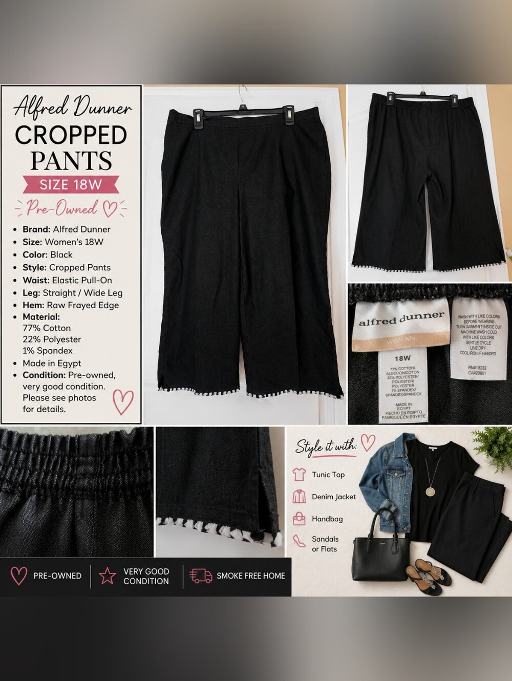 🖤Alfred Dunner Women’s 18W Black Pull-On Cropped Pants Frayed Hem